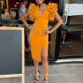 2020 Summer Sleeveless Ruffle Blue Midi Length Club Dress Girl